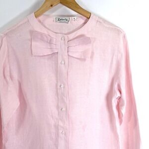 VTG Doherty Pink Linen Secretary blouse Pussycat Bow Long Sleeve Women Sz M